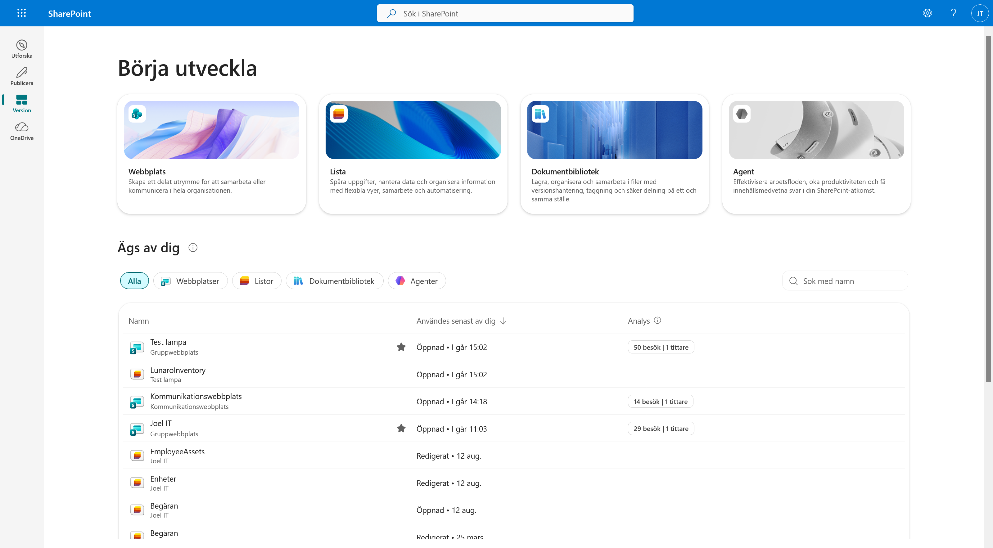 SharePoints startsida för att skapa webbplatser