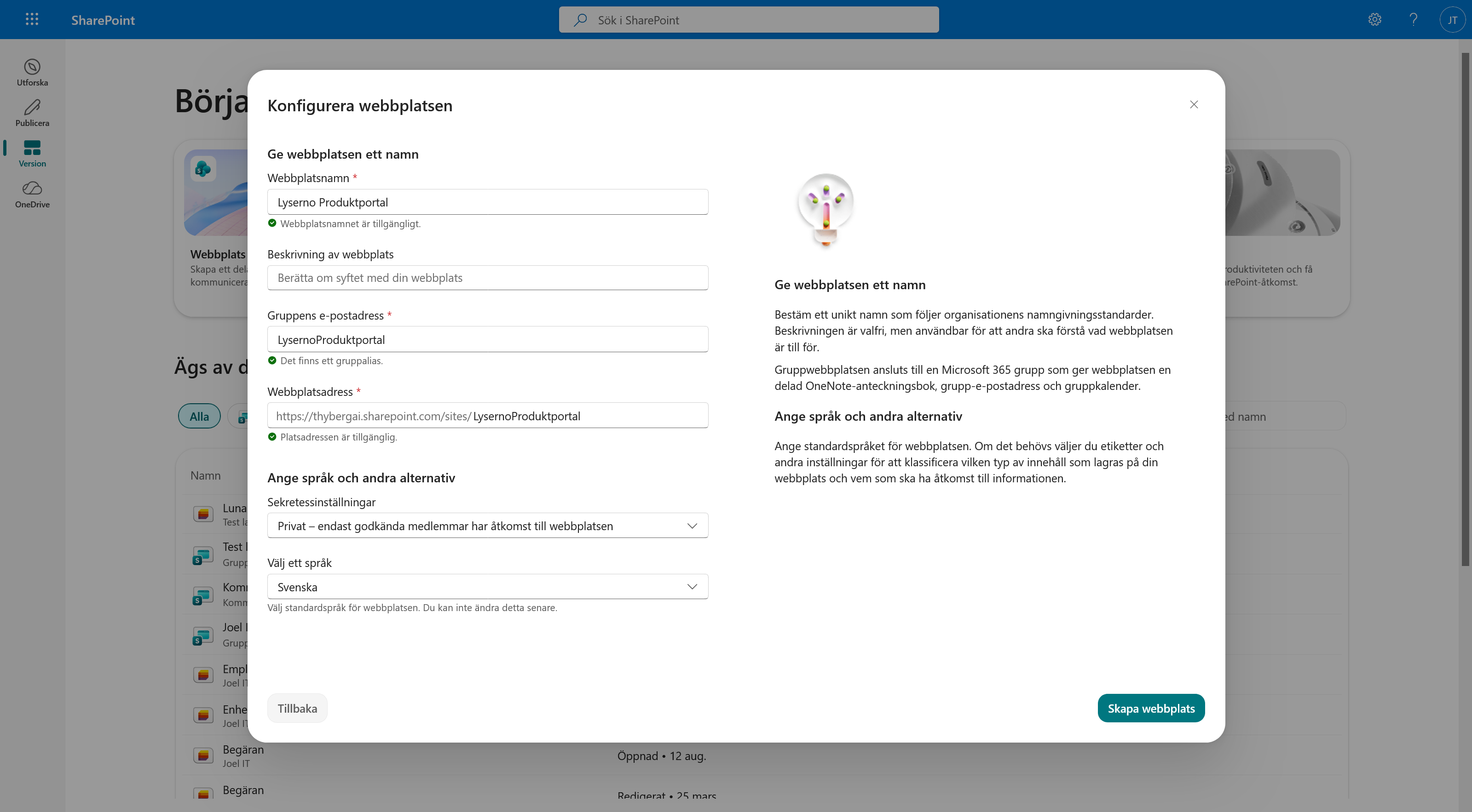 Konfigurationen av webbplatsen Lyserno Produktportal