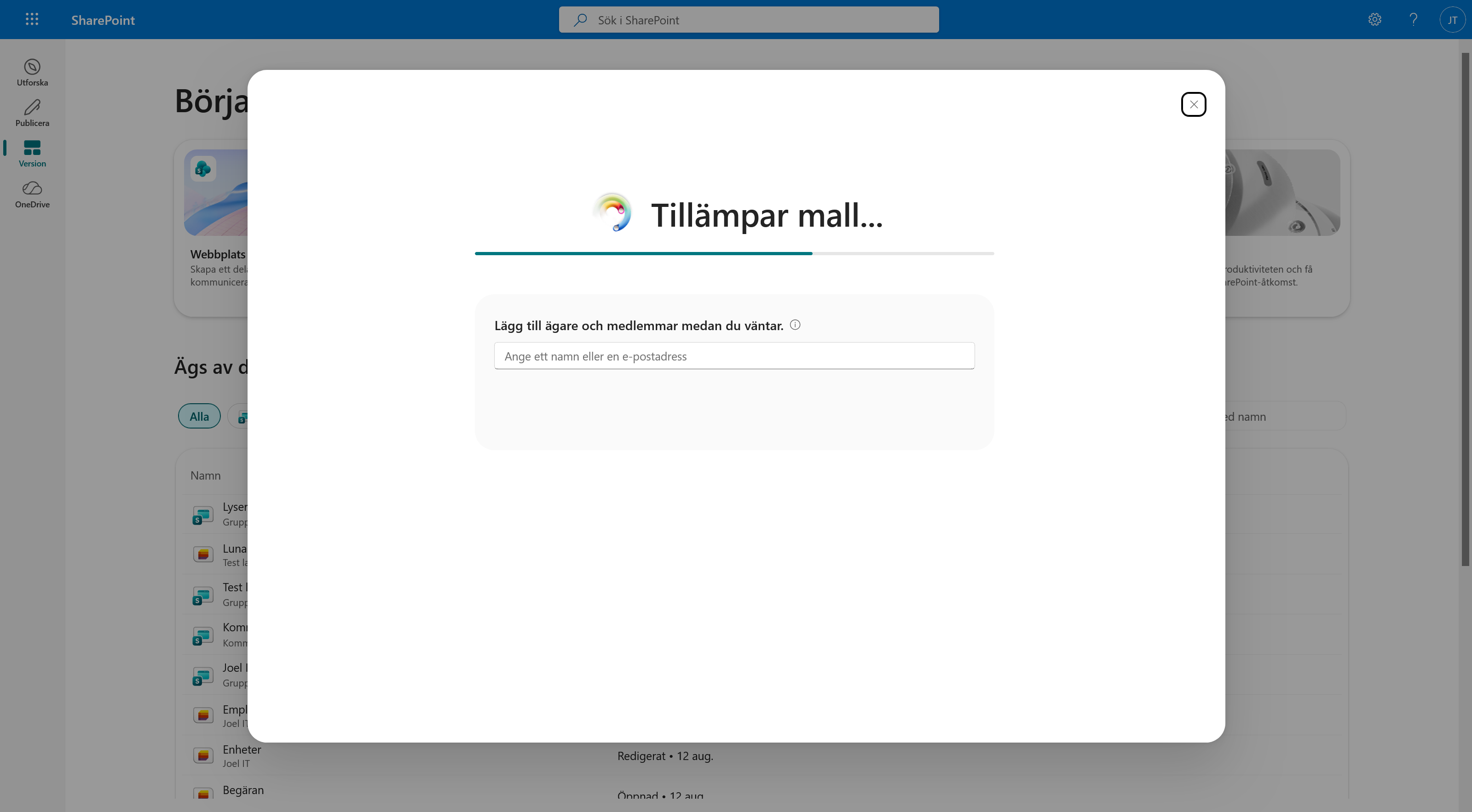 SharePoint tillämpar den valda webbplatsmallen