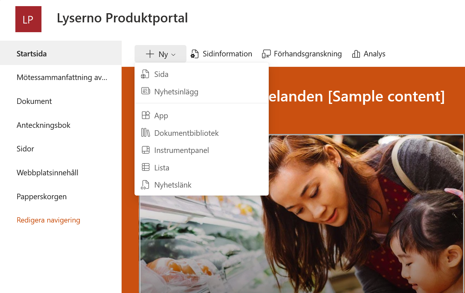 Knappen Ny på startsidan för Lyserno Produktportal