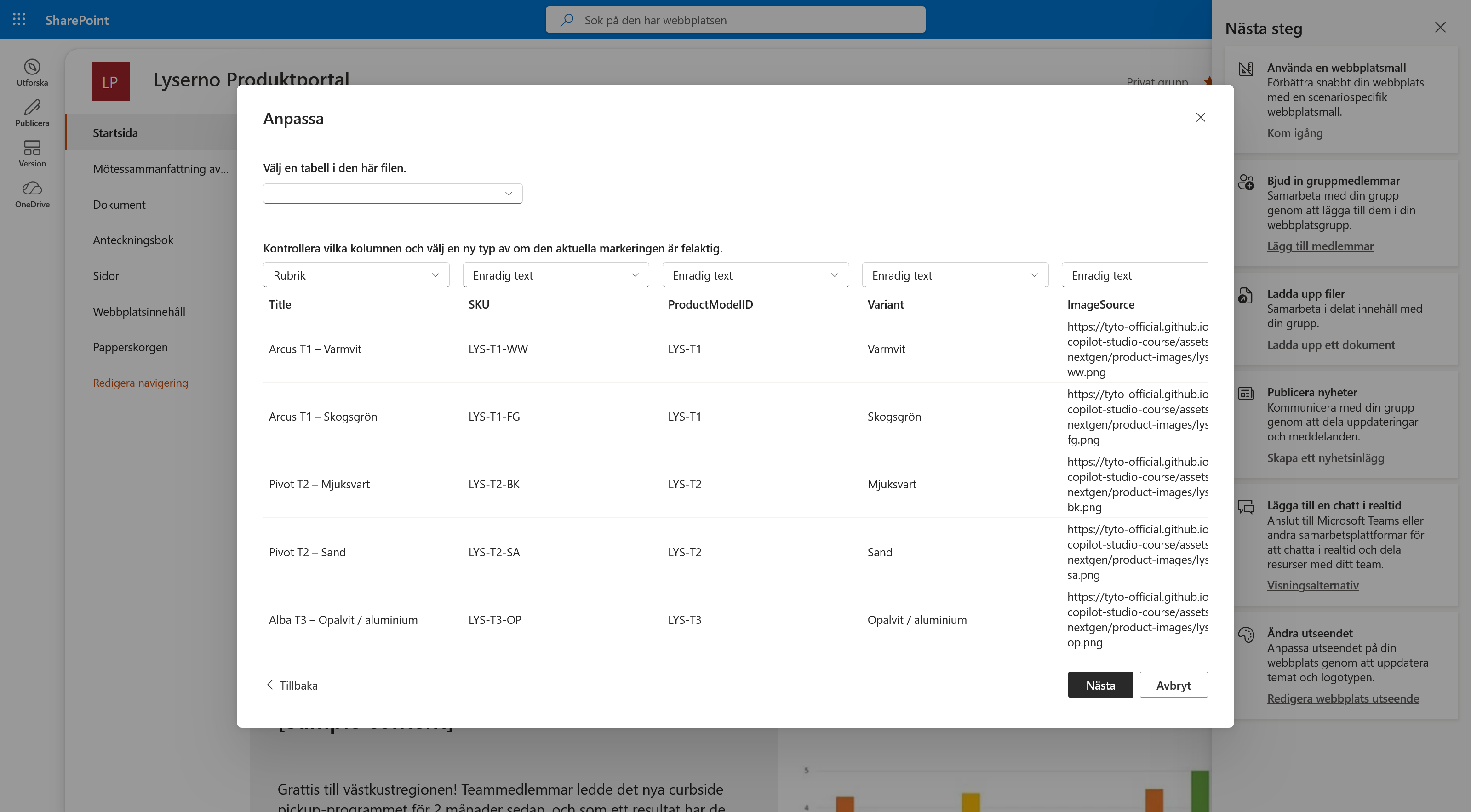 Förhandsgranskning av den importerade Excel-tabellen Centrallager