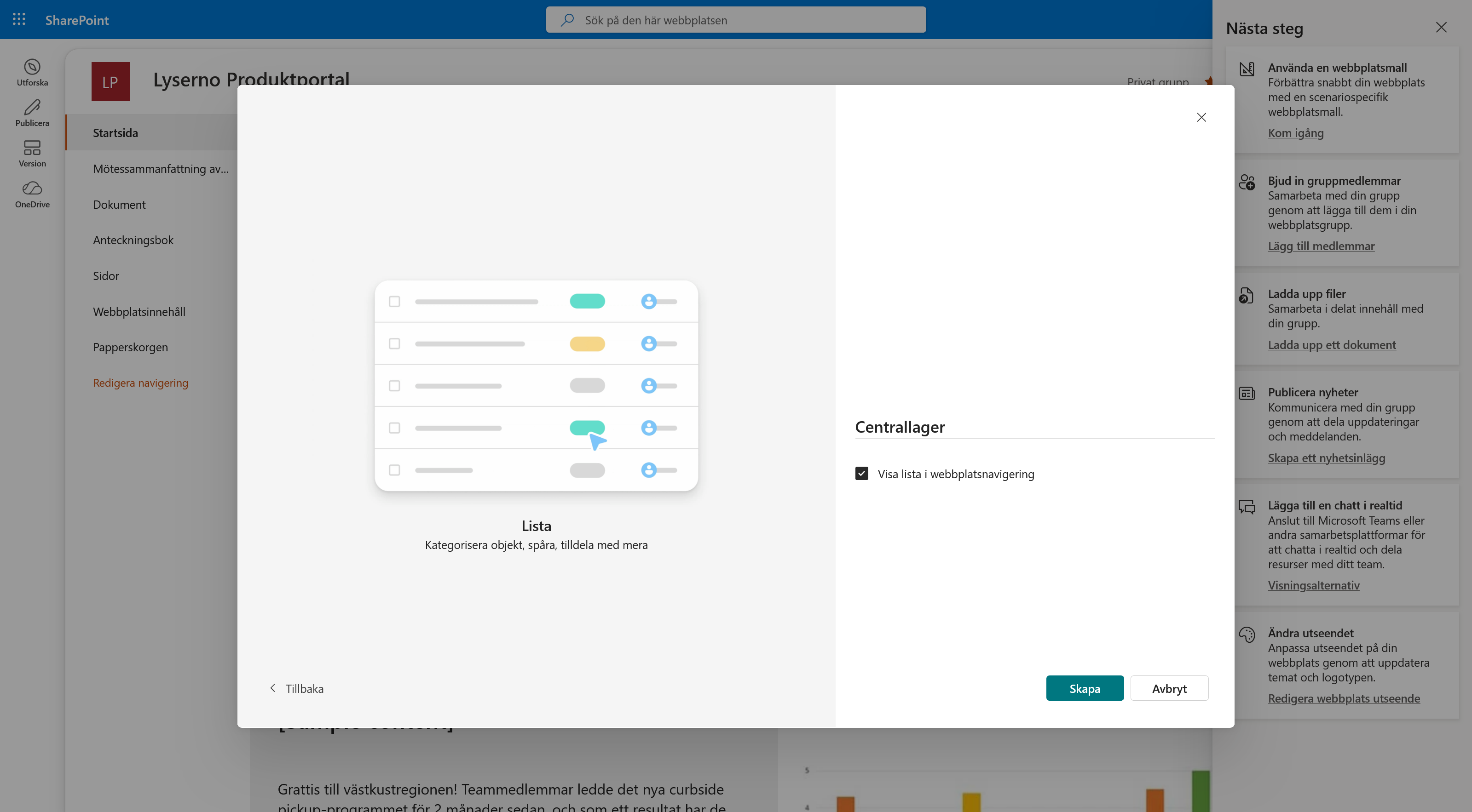 Sista steget där SharePoint-listan får namnet Centrallager