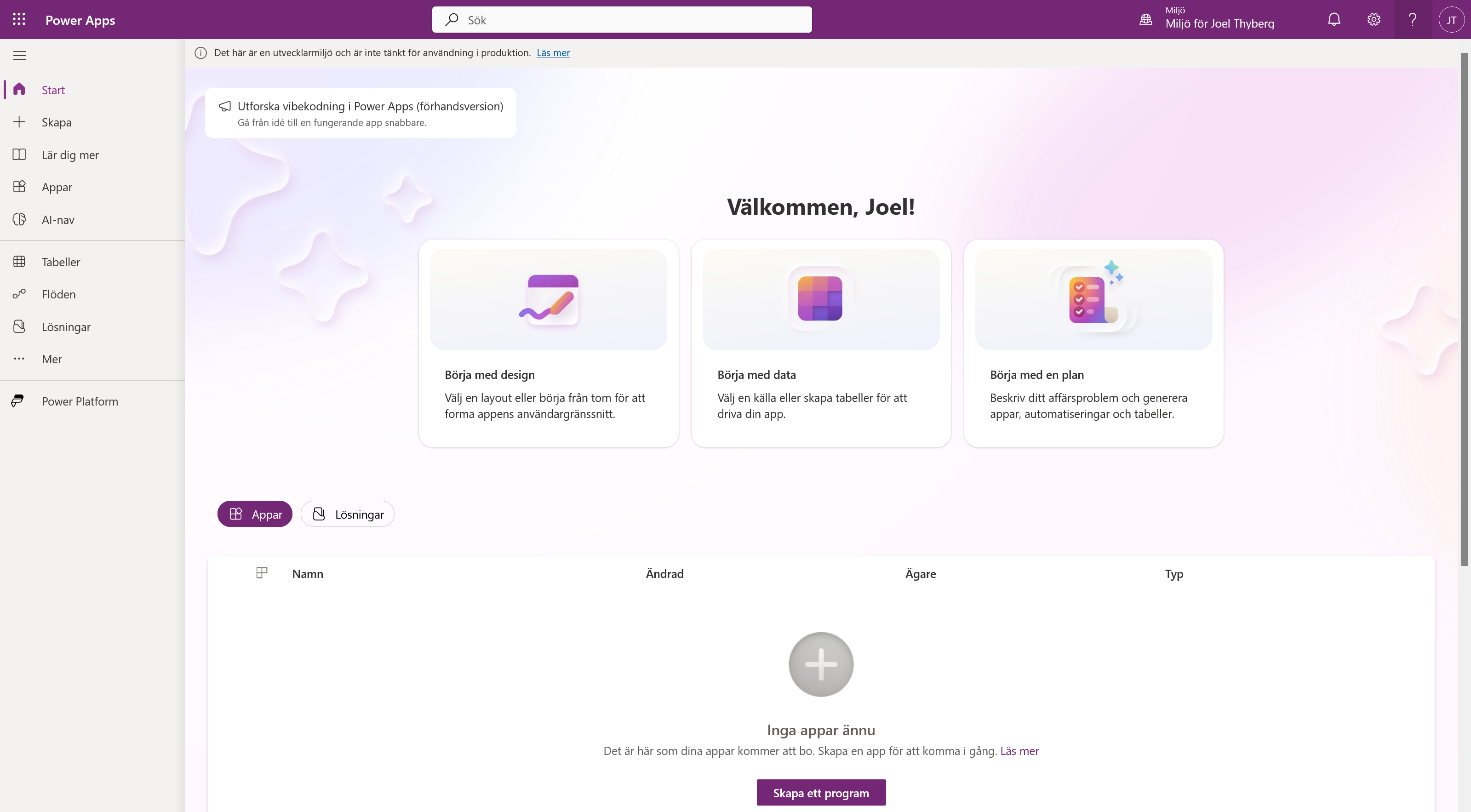 Power Apps efter att utvecklingsmiljön har skapats