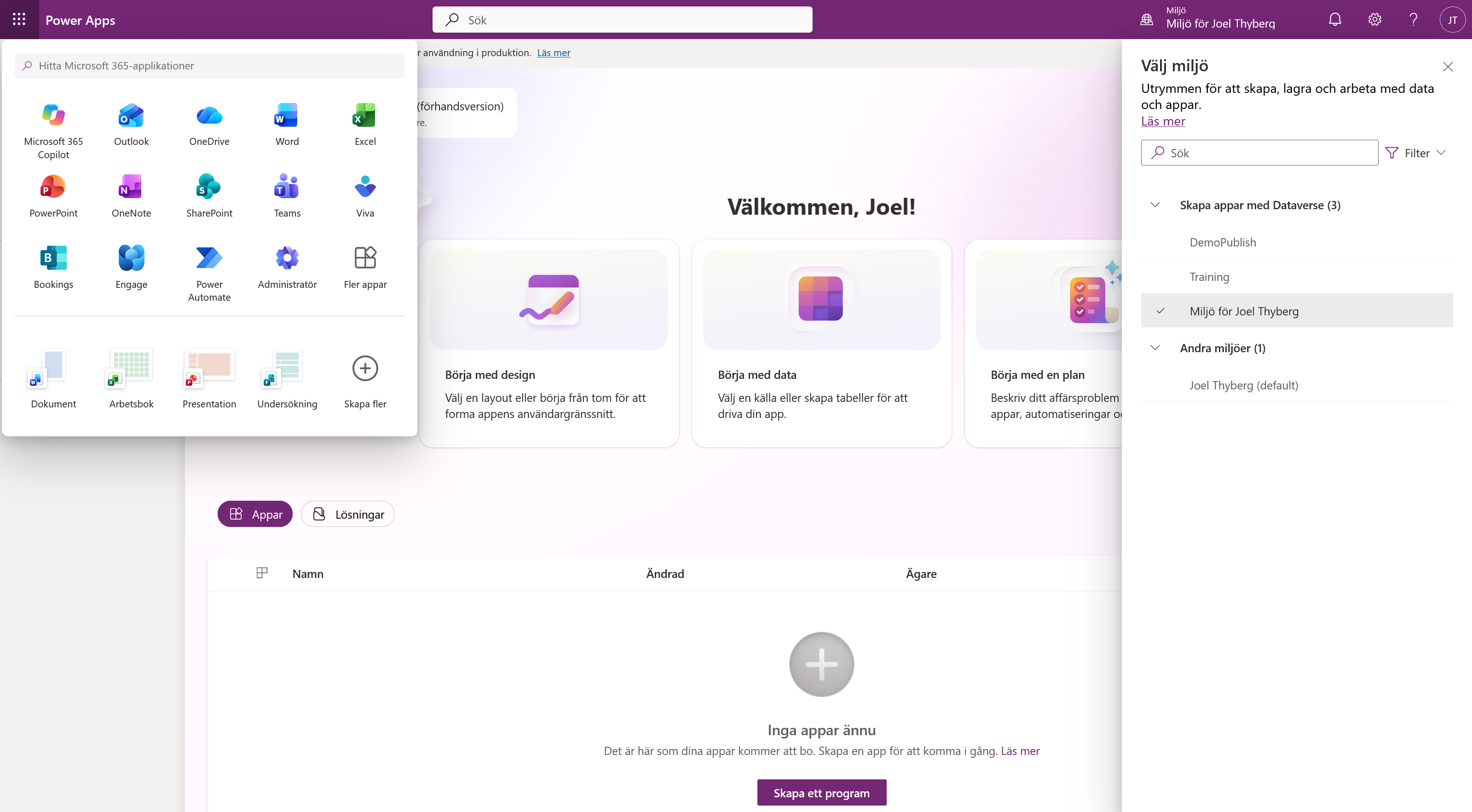 Appstartaren i Power Apps med SharePoint bland Microsoft 365-apparna