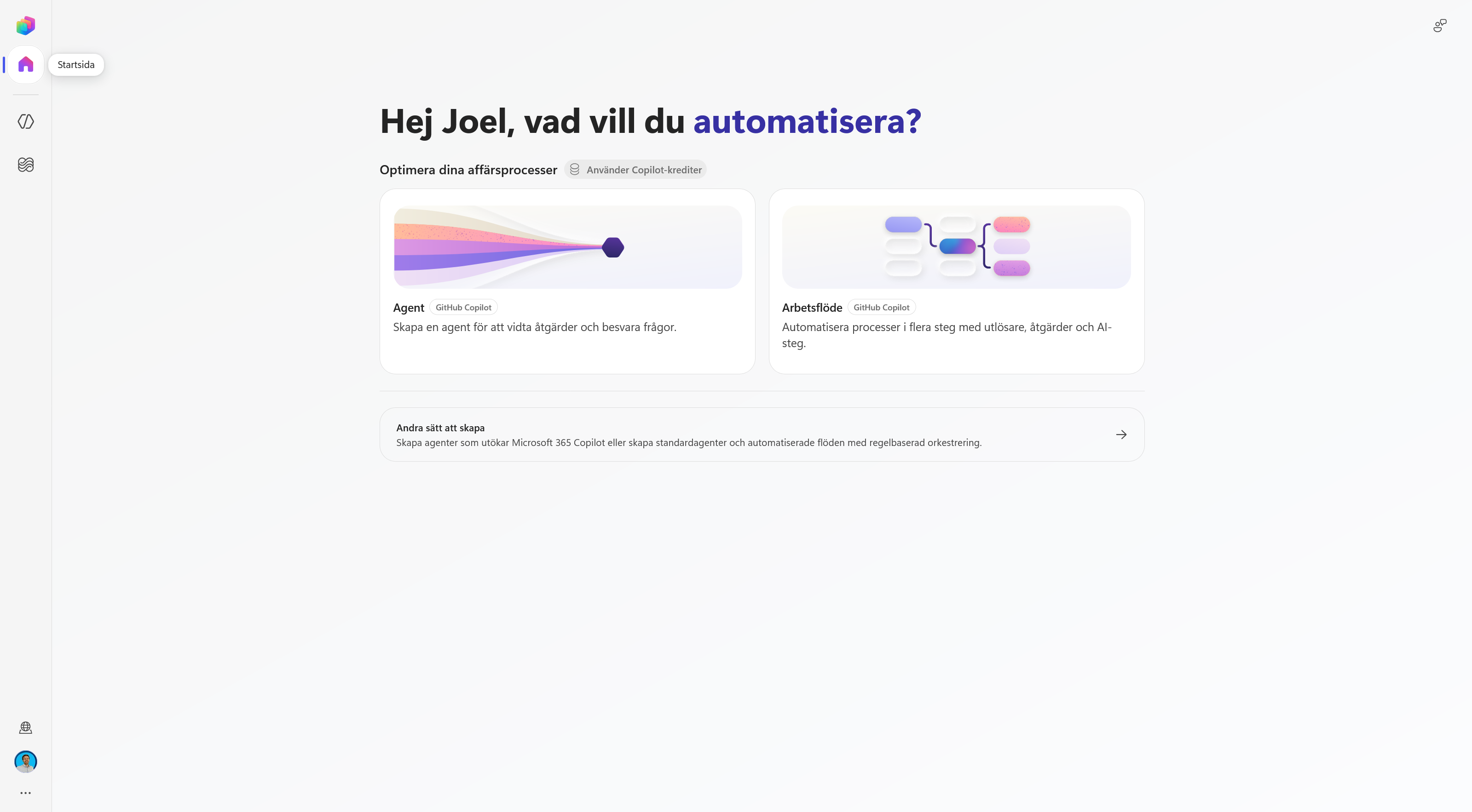 Startsidan i nya Copilot Studio med valen Agent, Arbetsflöde och Andra sätt att skapa