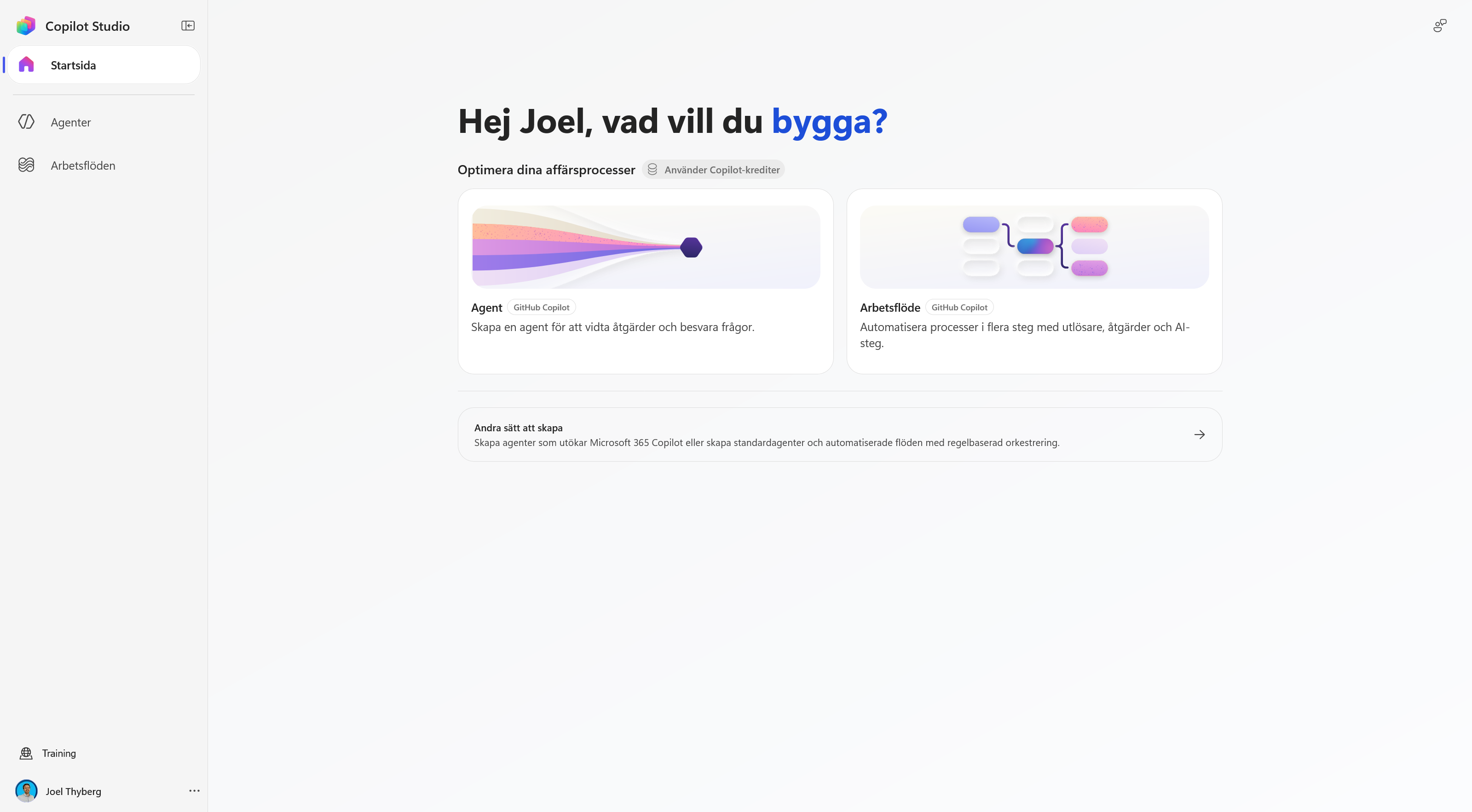 Startsidan i nya Copilot Studio med den utvecklade vänsternavigeringen