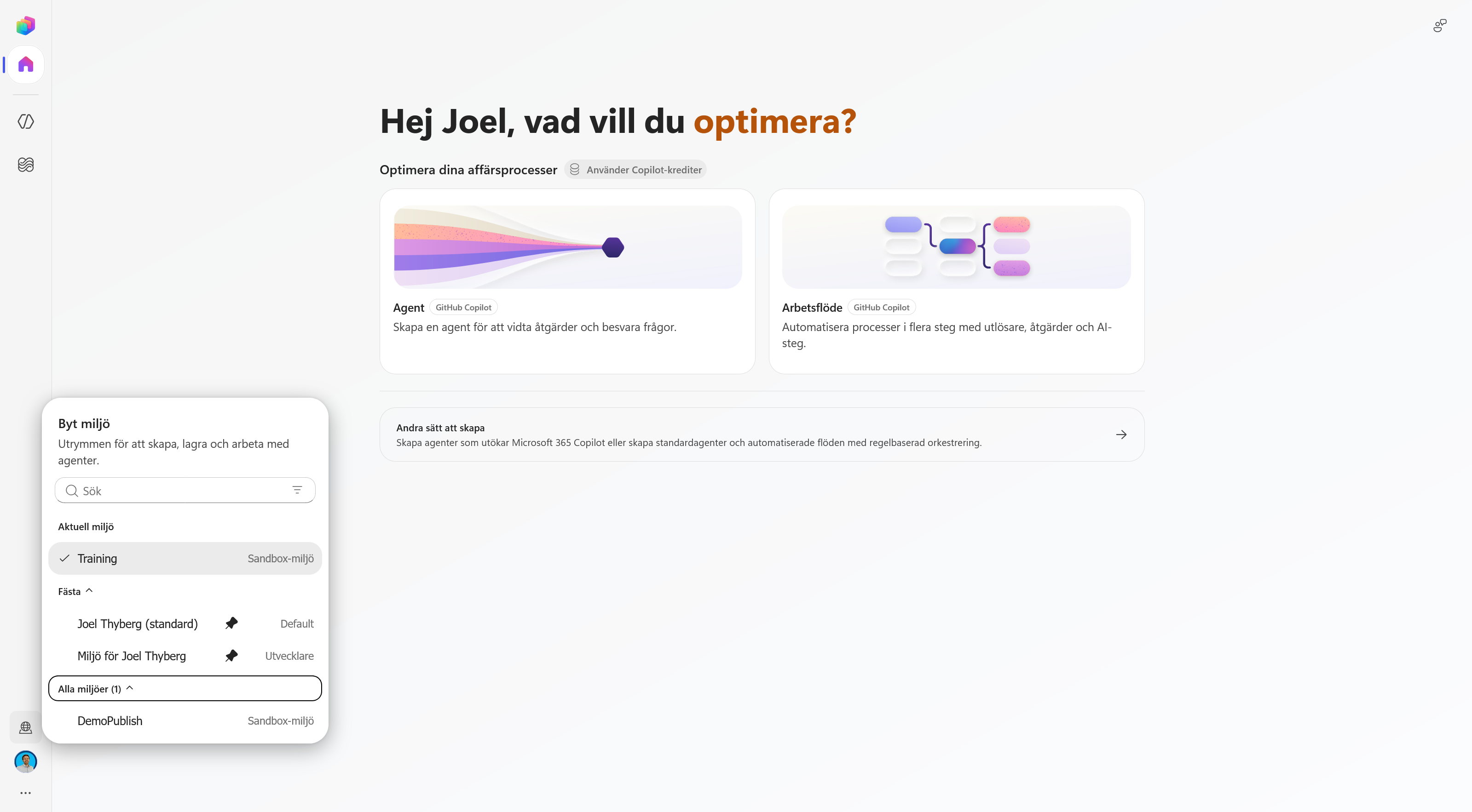 Miljöväljaren i nya Copilot Studio med aktuell, fäst och tillgänglig miljö