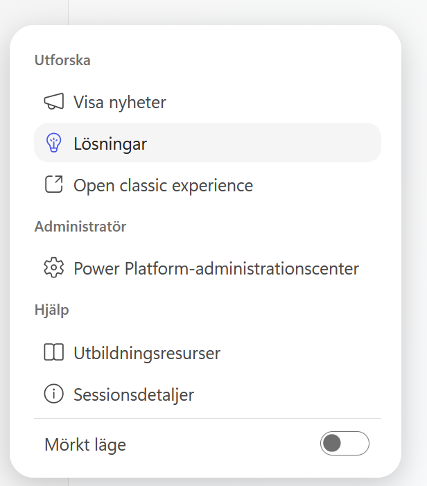 Menyn med de tre punkterna där Lösningar är markerat