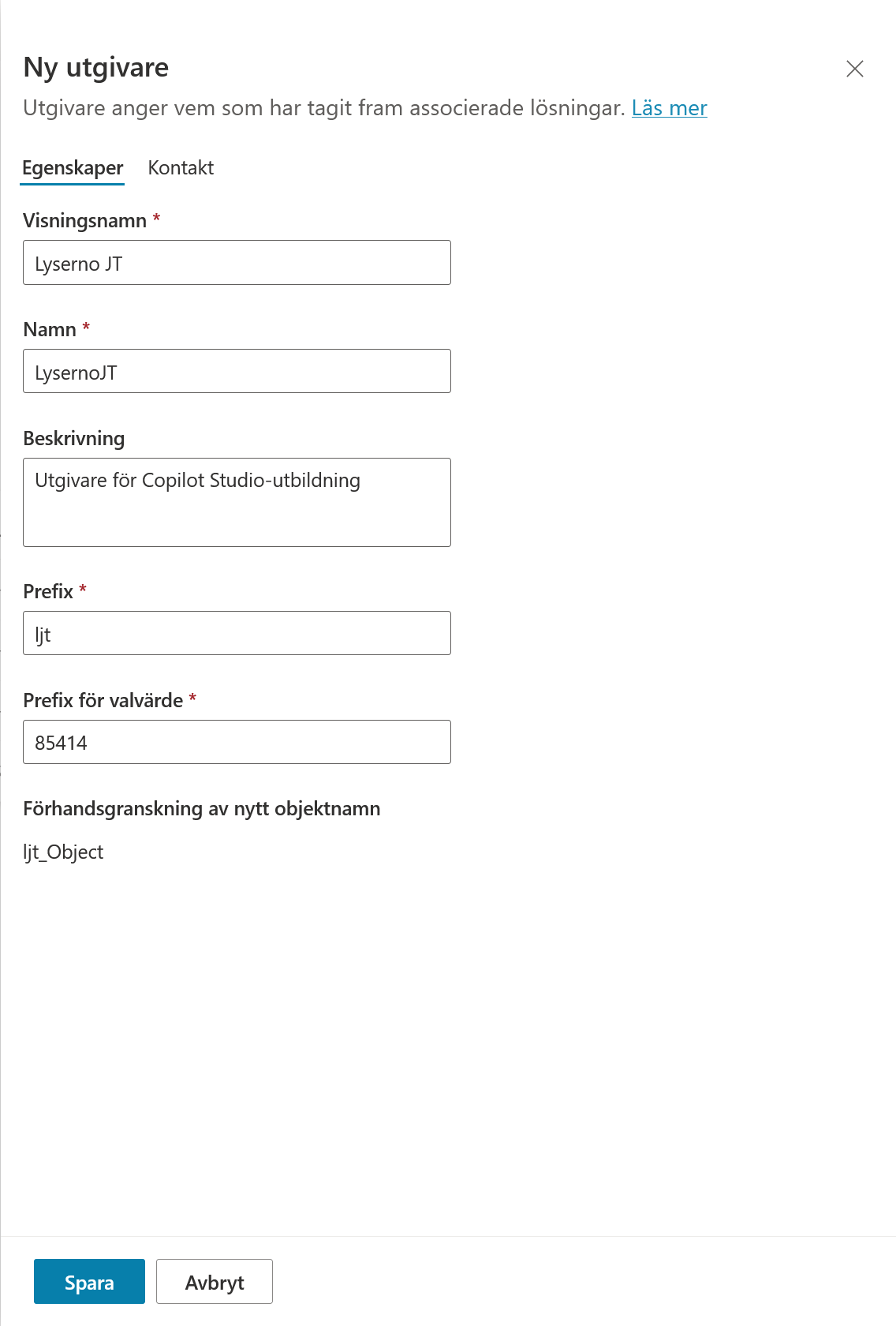 Panelen Ny utgivare med Lyserno JT, beskrivning, prefix och prefix för valvärde