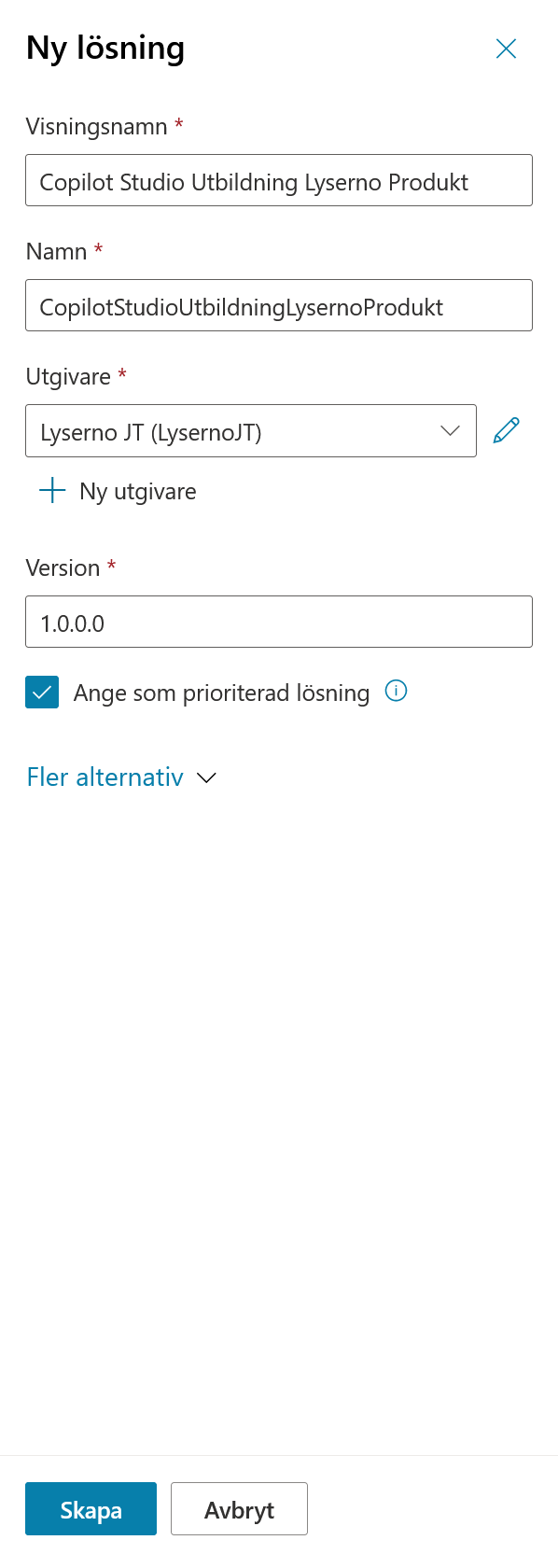 Den färdiga lösningskonfigurationen med utgivare, version och prioriterad lösning