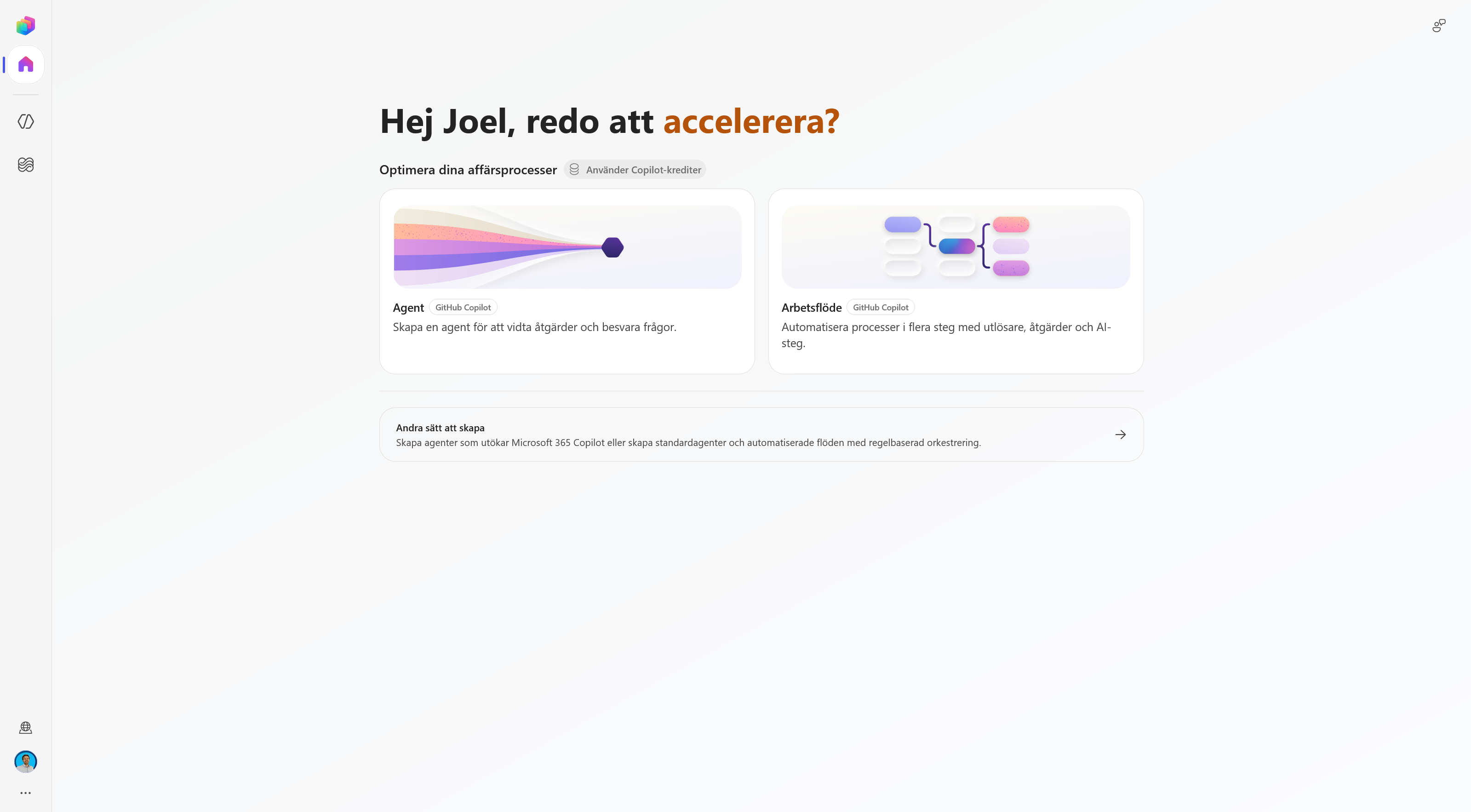 Startsidan i nya Copilot Studio med valet Agent