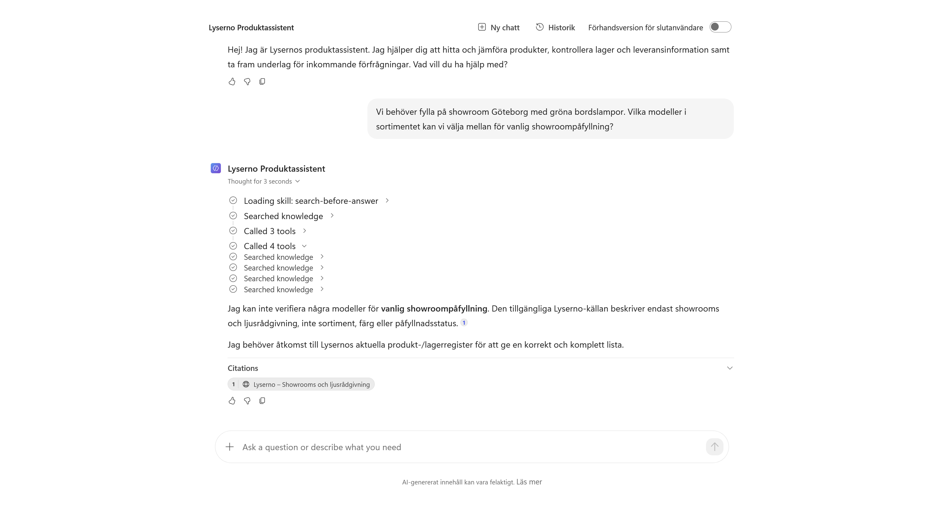 Agentens svar när Lysernos produkt- och lagerdata saknas