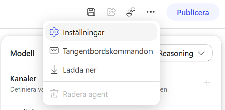 Menyn Fler alternativ med Inställningar, Tangentbordskommandon och Ladda ner