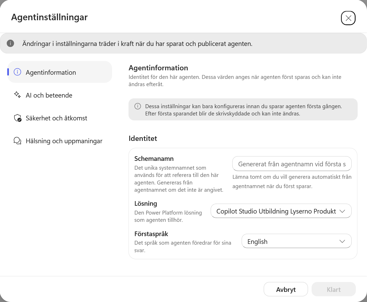 Agentinformation med kursens lösning vald och engelska som förstaspråk
