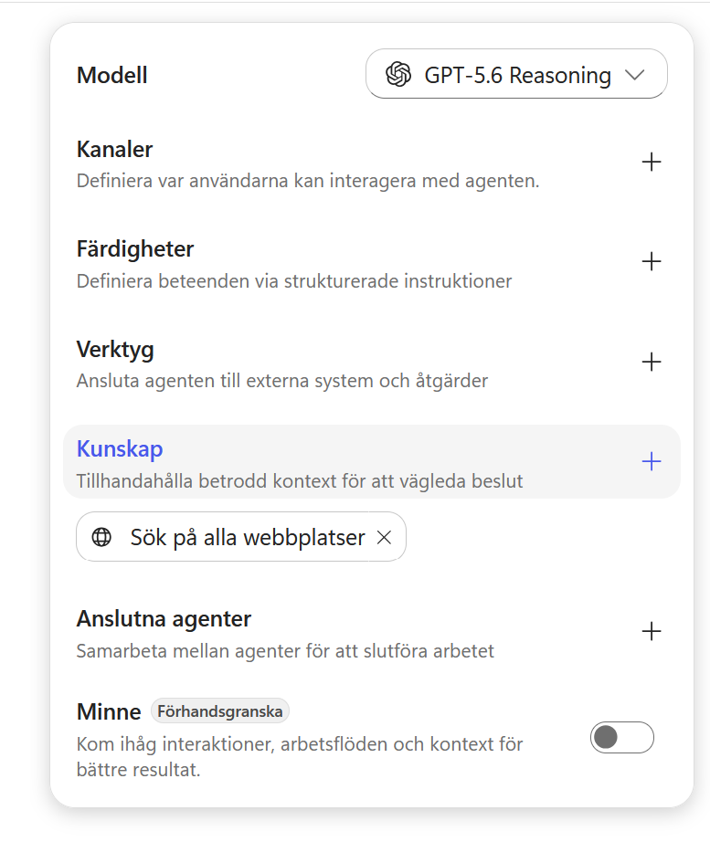Kunskap i agentens högra panel