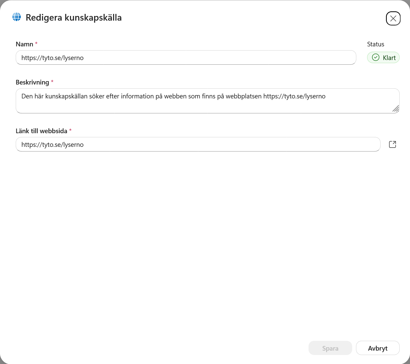 Lysernos webbplats med statusen Klart