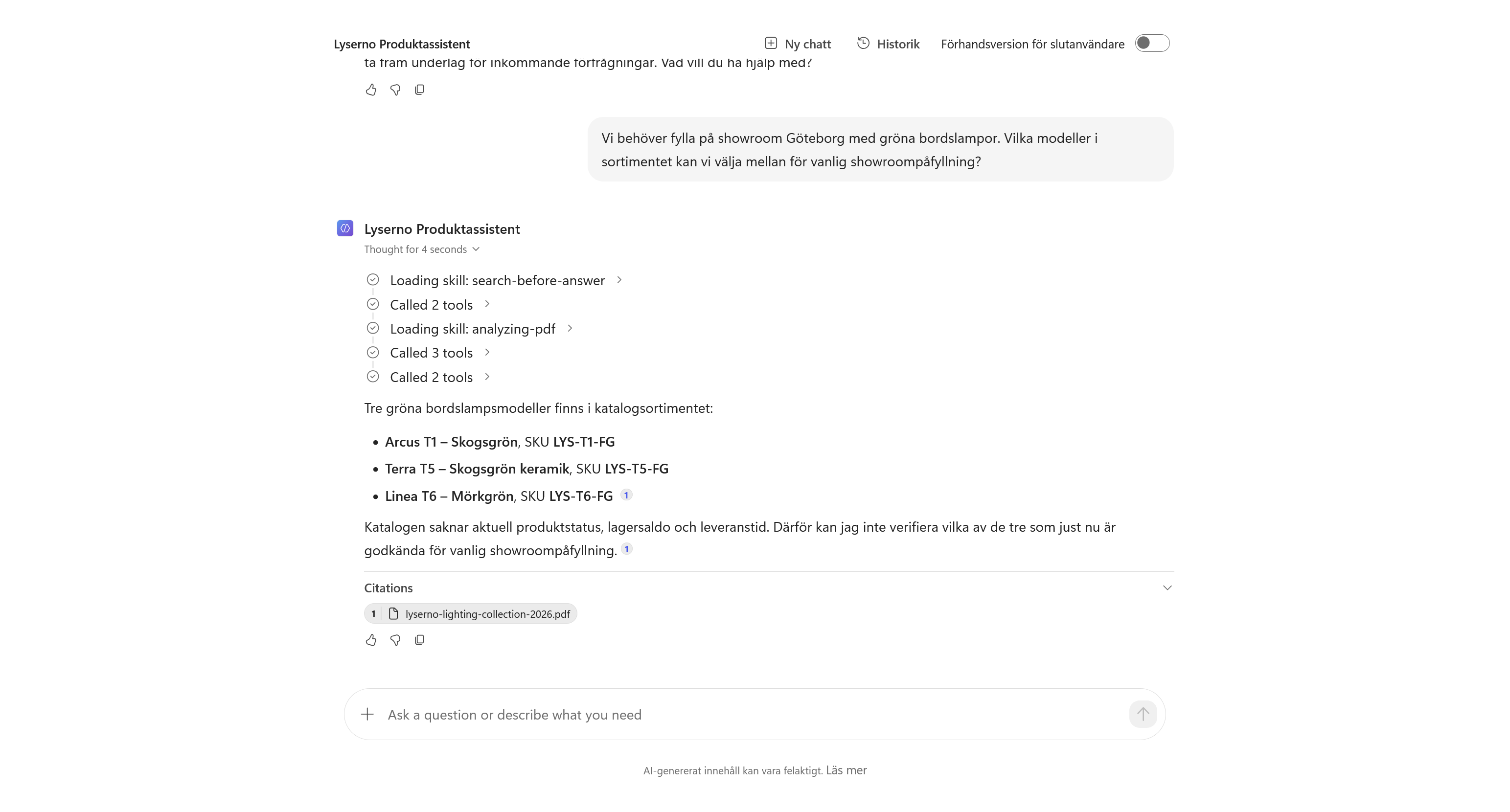Agentens svar baserat på produktkatalogen