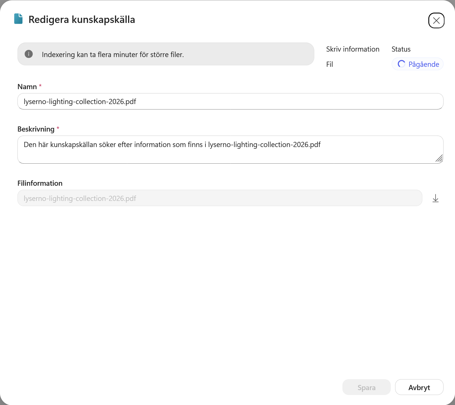 PDF-källans detaljer med statusen Pågående