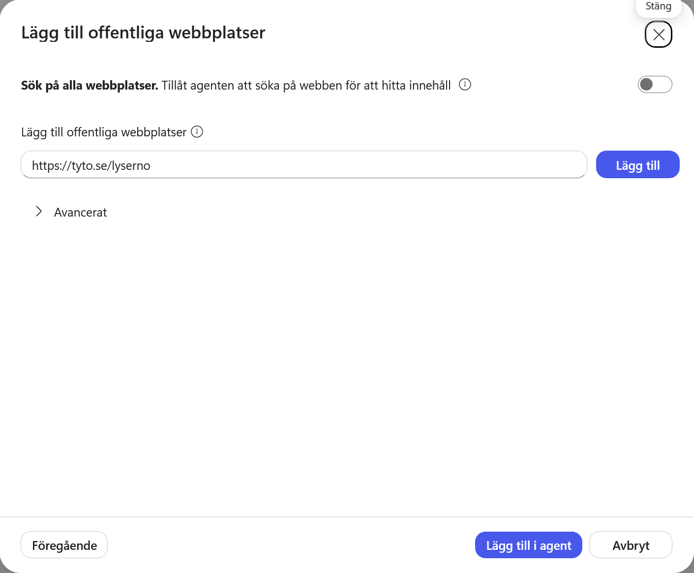 Fri webbsökning avstängd och Lysernos adress ifylld