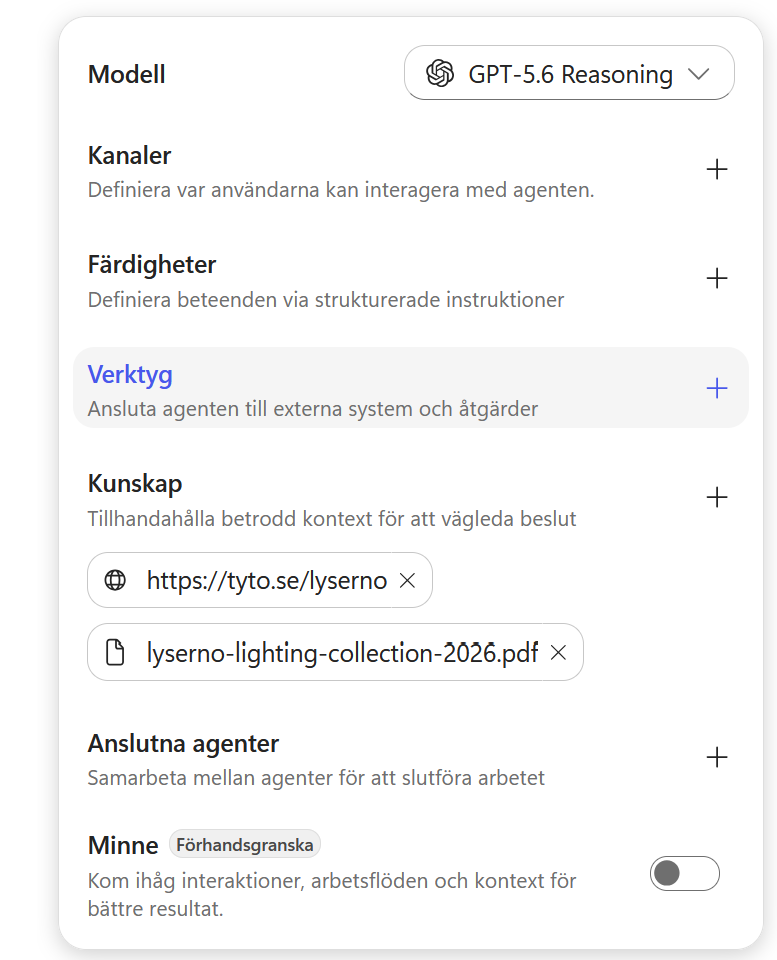 Lyserno Produktassistent på fliken Bygg med plustecknet vid Verktyg