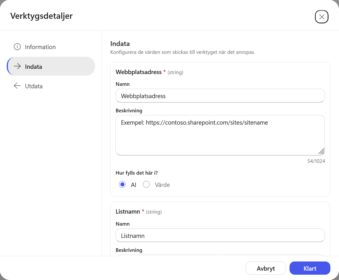 Indata med webbplatsadress och listnamn som fylls i av AI