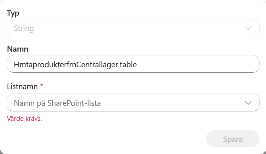 En ny variabel skapas för listnamnet