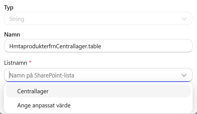 Centrallager har valts som listnamn