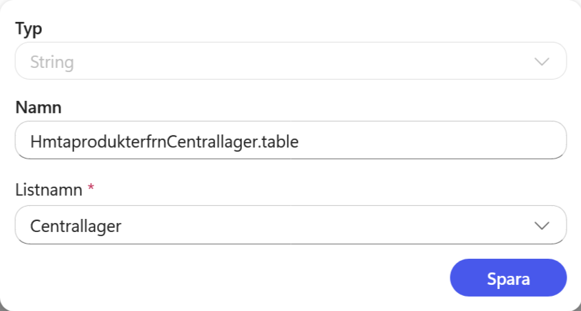 Det fasta värdet Centrallager är klart att sparas