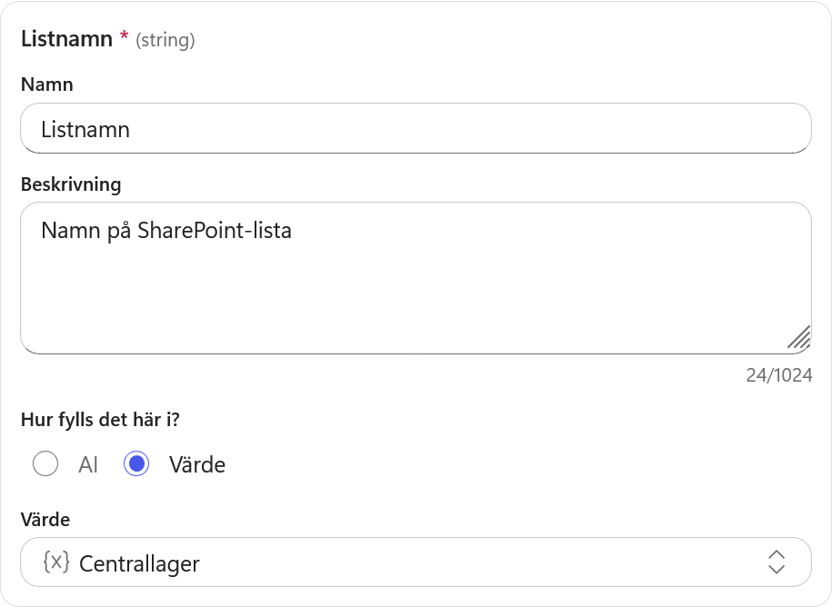 Centrallager är valt som fast listnamn