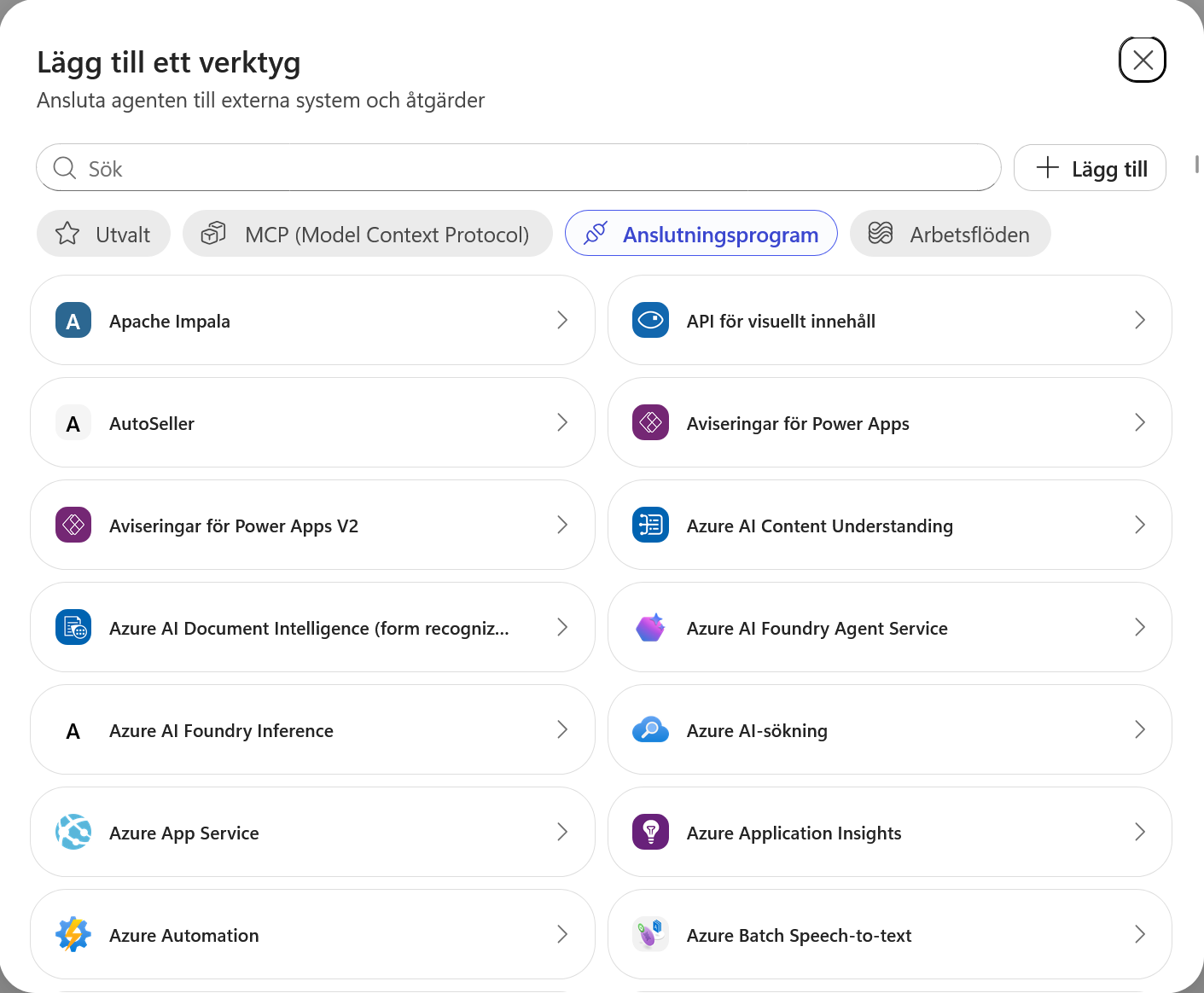 Fliken Anslutningsprogram med tillgängliga anslutningsprogram