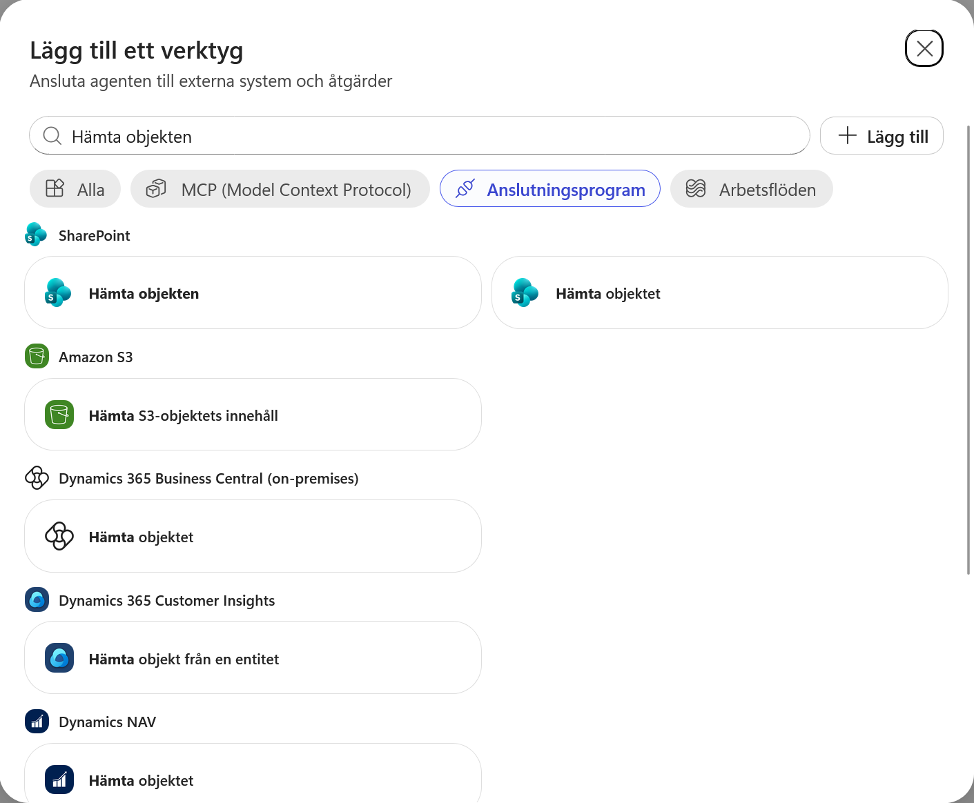 Sökresultat med SharePoint-åtgärderna Hämta objekten och Hämta objektet
