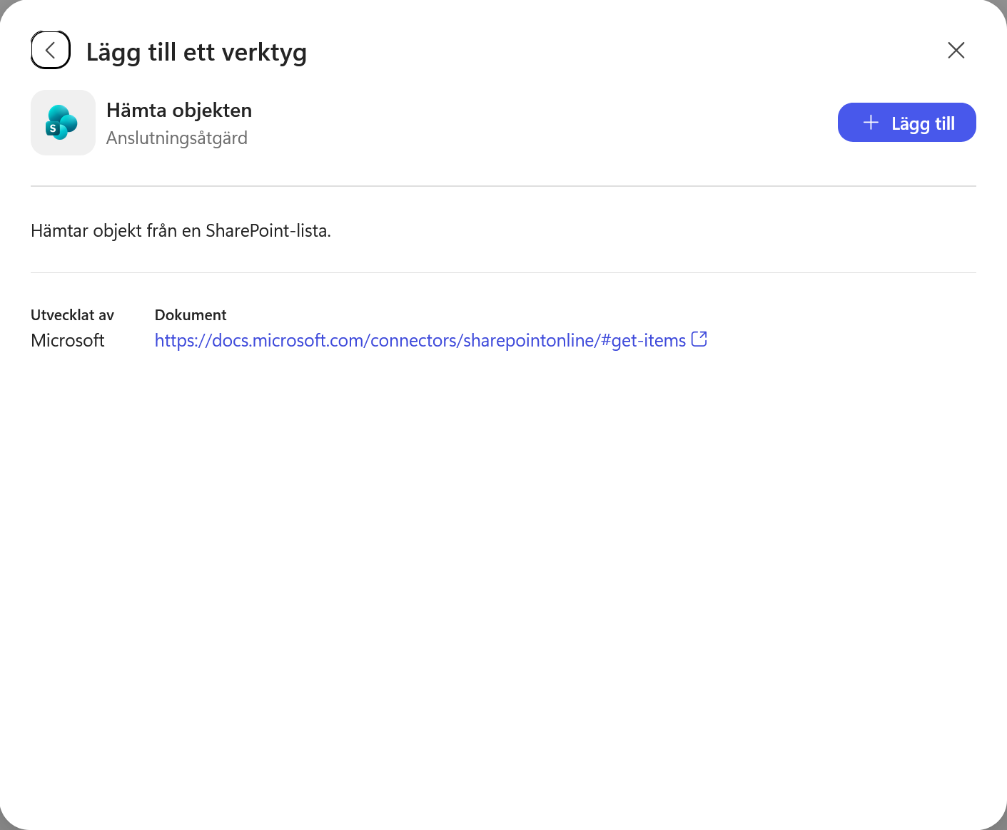 Detaljsidan för SharePoint-åtgärden Hämta objekten