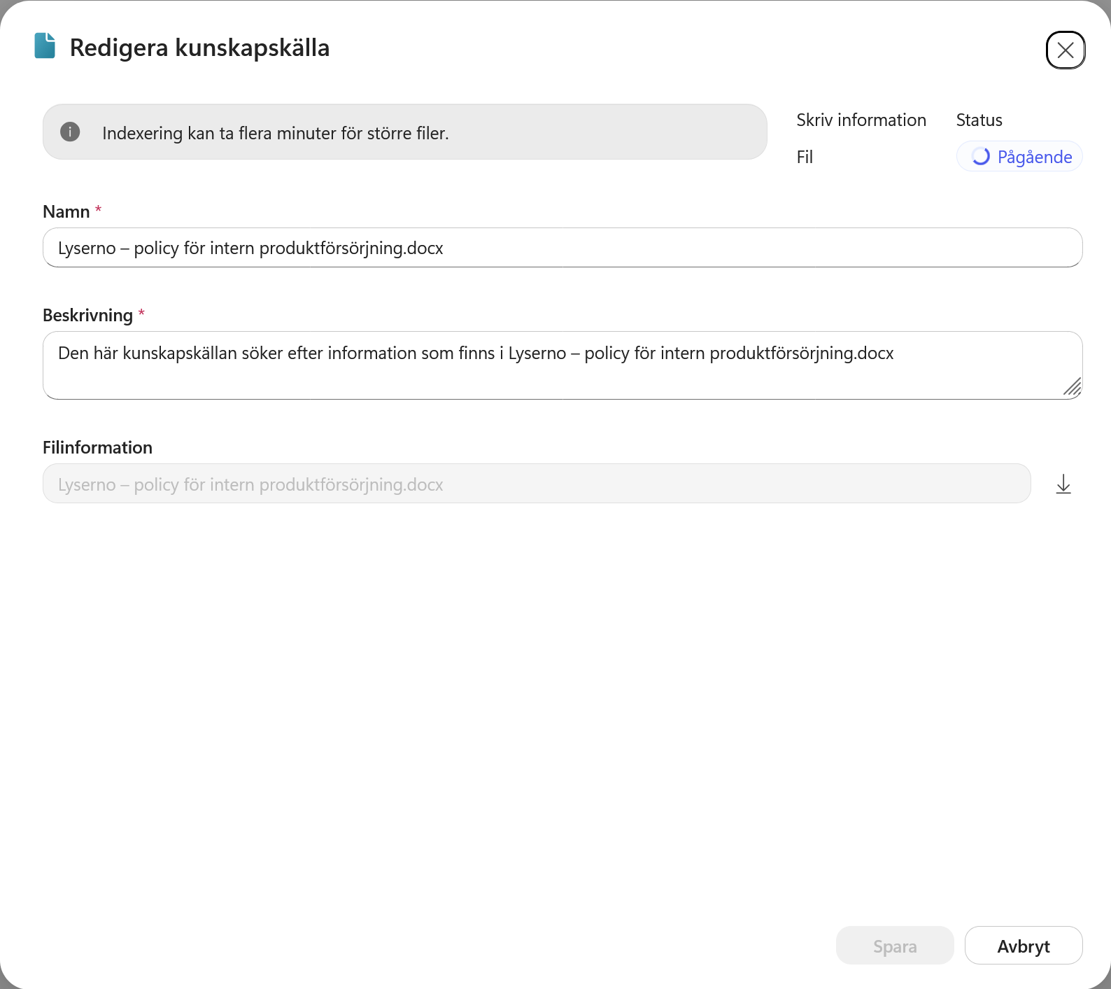 Styrdokumentets status är Pågående medan innehållet indexeras
