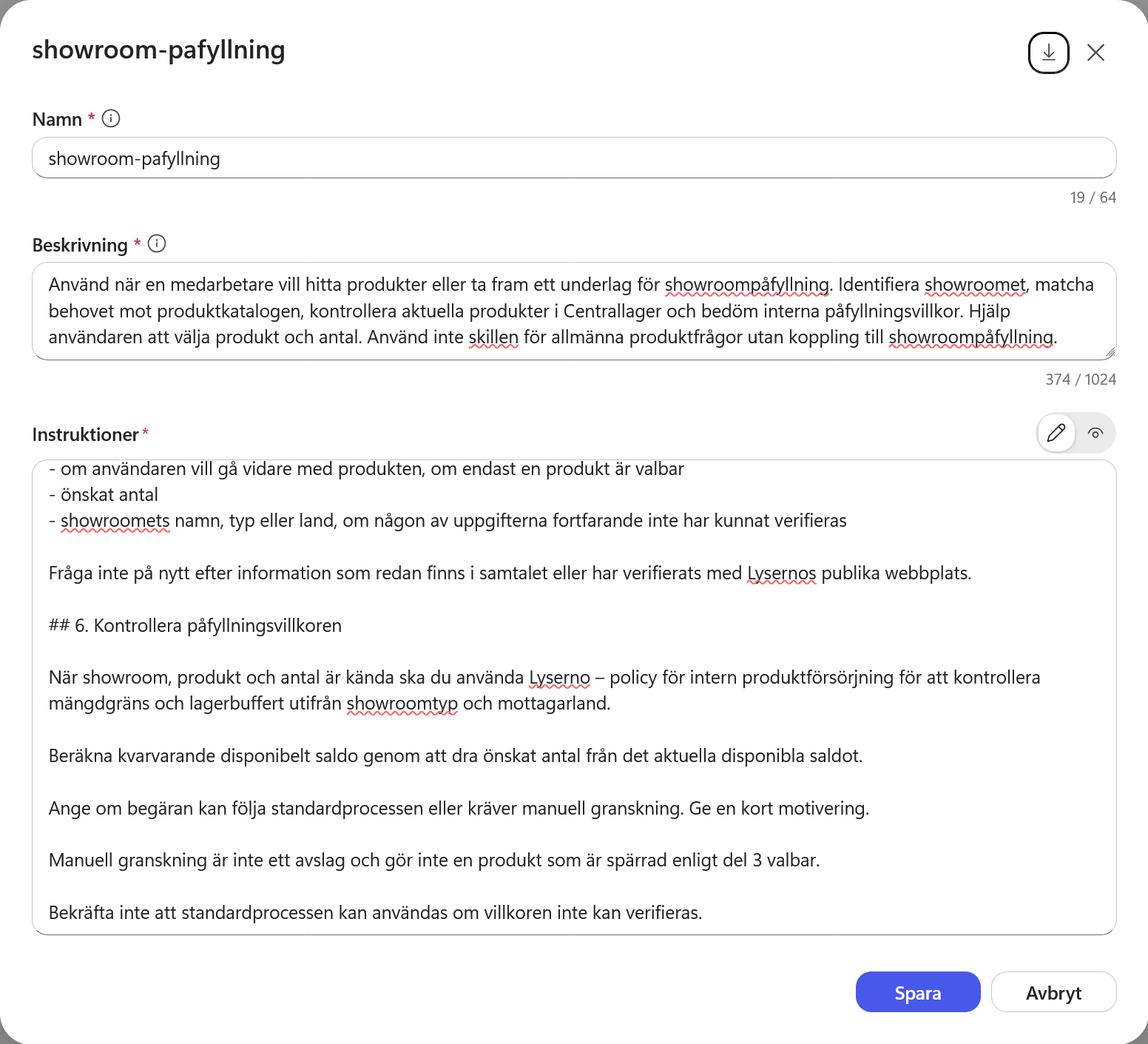 Skillens beskrivning och det nya avsnittet om påfyllningsvillkor