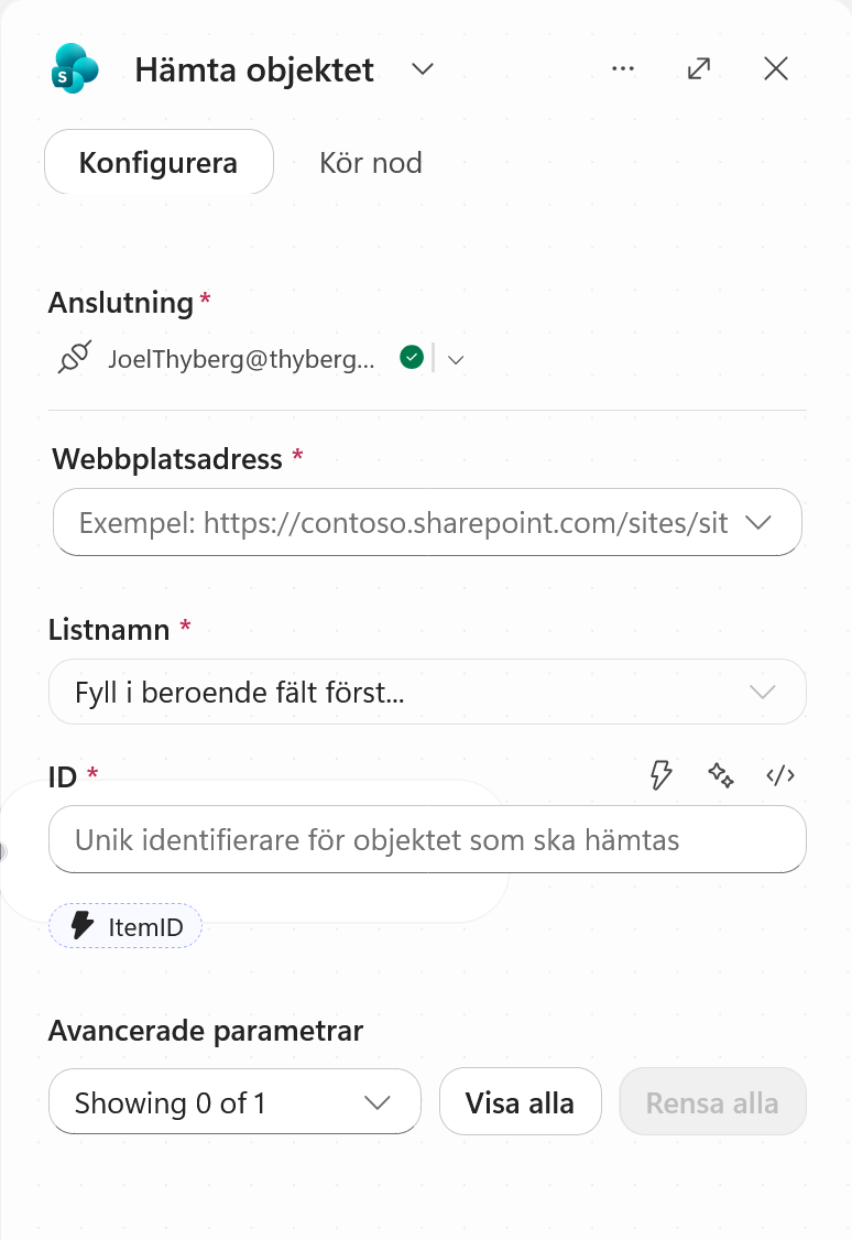 Konfigurationen för SharePoint-åtgärden Hämta objektet