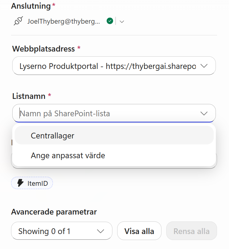 Lyserno Produktportal och Centrallager är valda