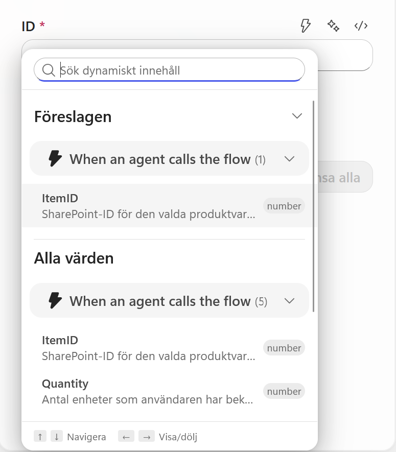 ItemID från utlösaren väljs som SharePoint-objektets ID