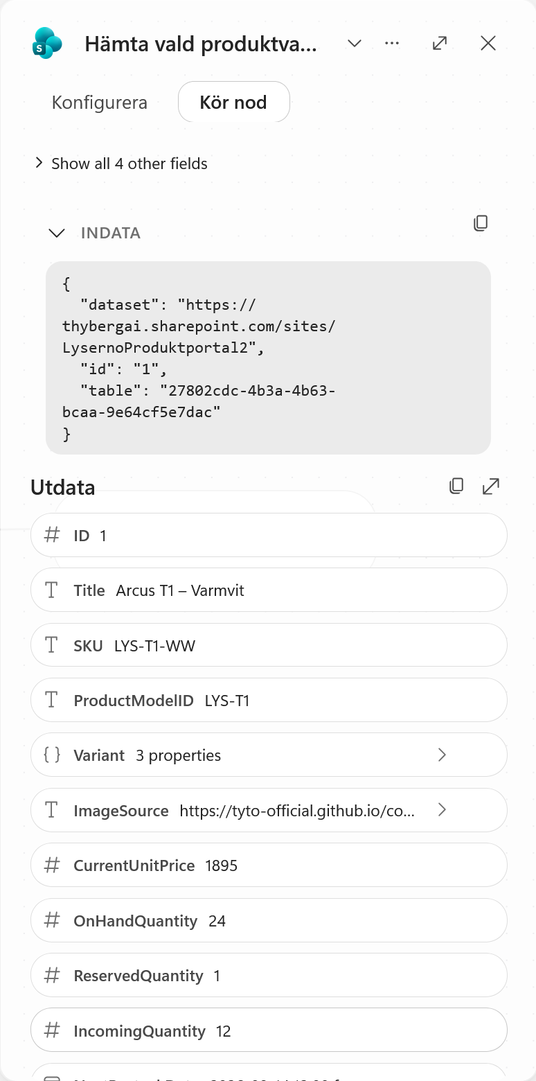 Testet returnerar produktvariantens värden från Centrallager