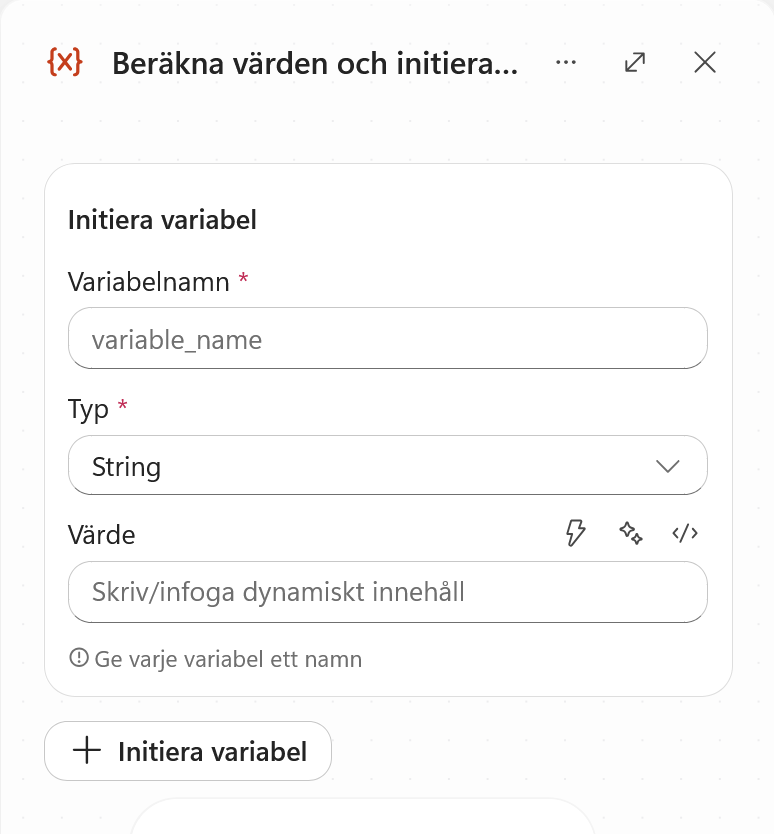 Noden Beräkna värden och initiera resultat med en tom variabel