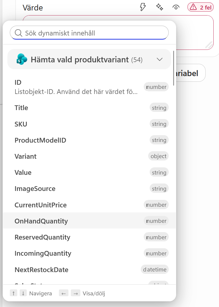 OnHandQuantity väljs från Hämta vald produktvariant