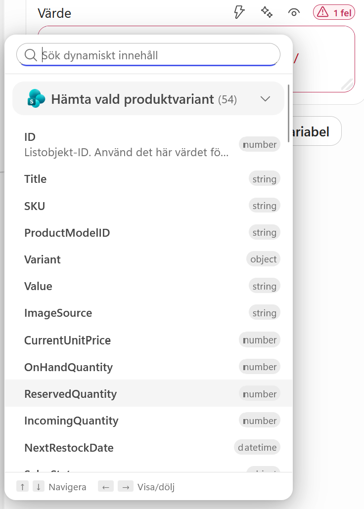 ReservedQuantity väljs från Hämta vald produktvariant