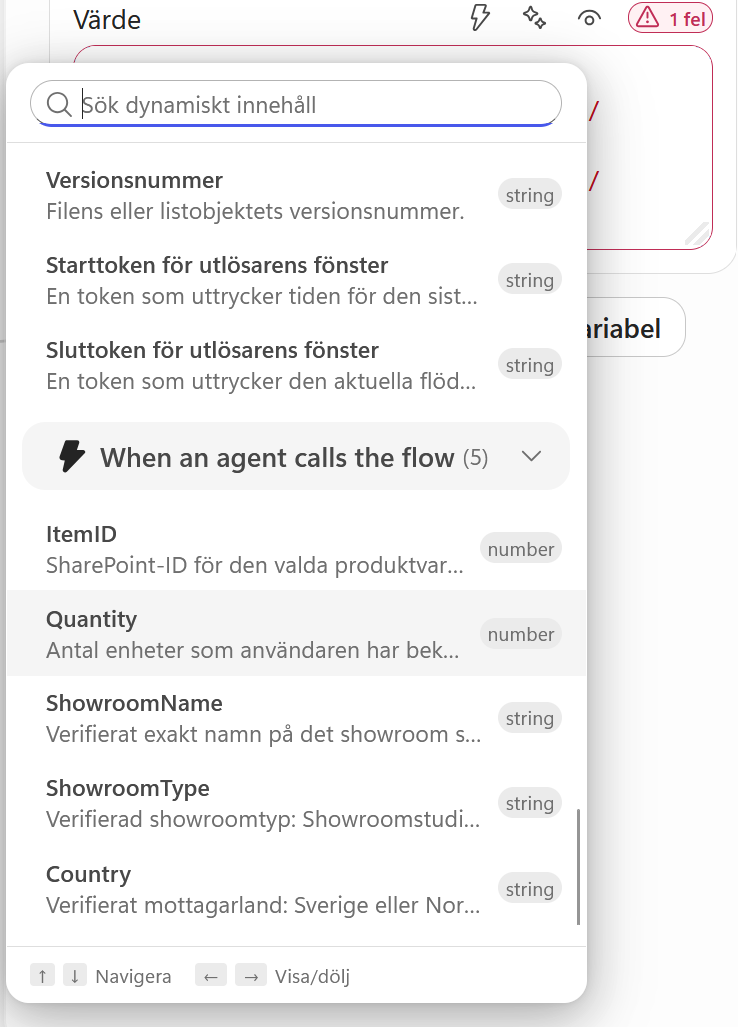 Quantity väljs från When an agent calls the flow