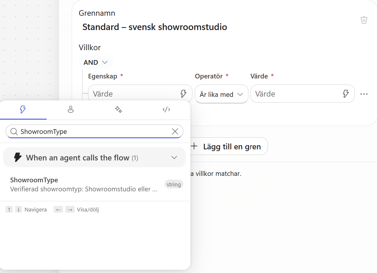 ShowroomType väljs som den första egenskapen