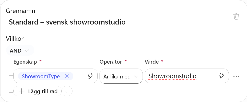 ShowroomType ska vara lika med Showroomstudio