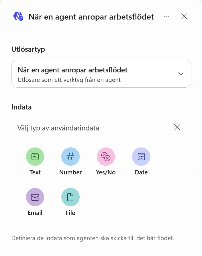 Tillgängliga indatatyper med Number markerat
