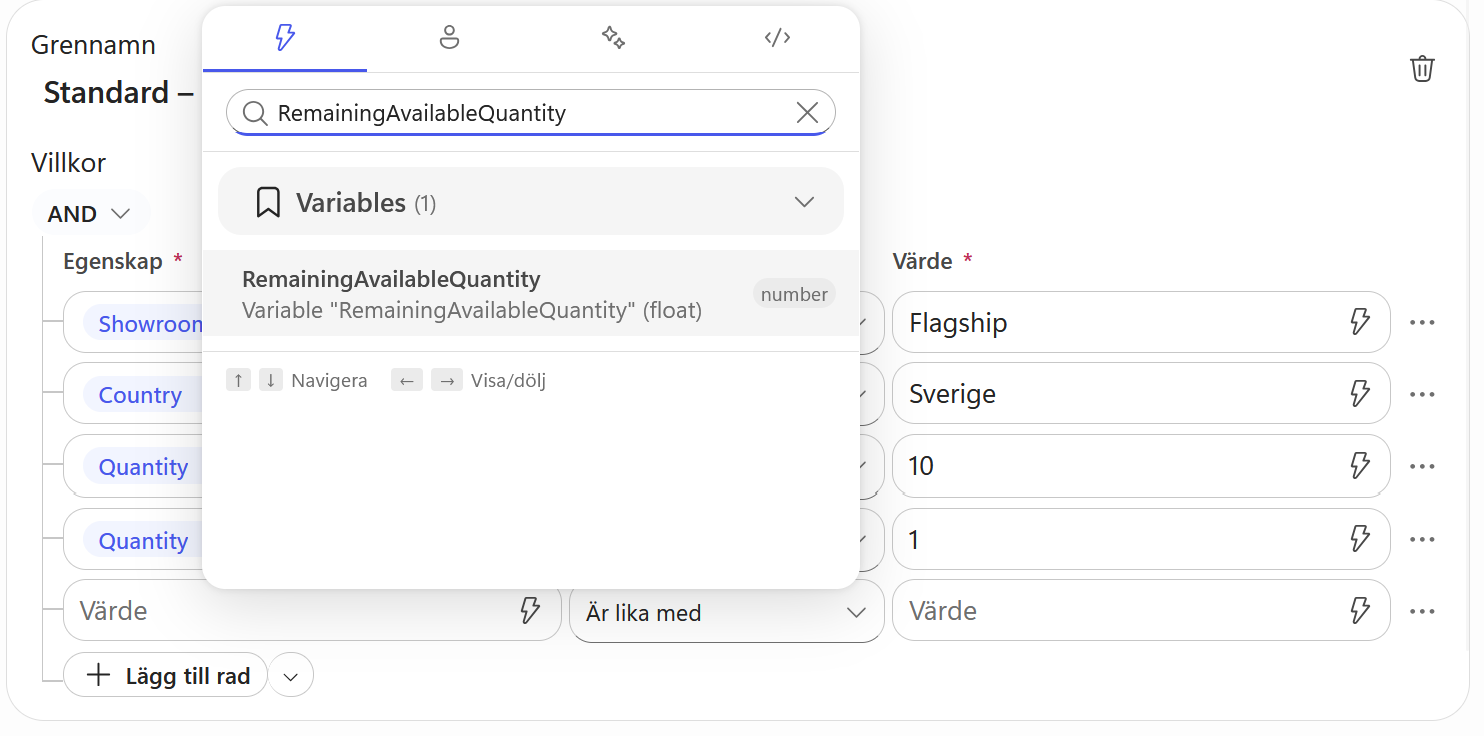RemainingAvailableQuantity väljs från Variables