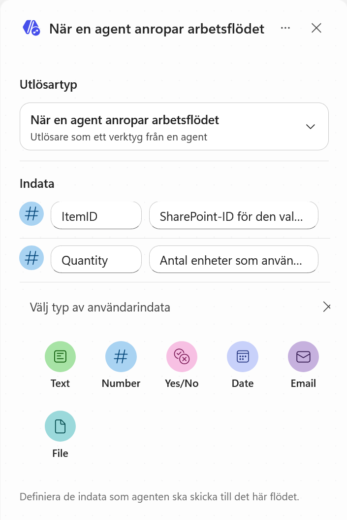 ItemID och Quantity är klara och typen Text kan väljas