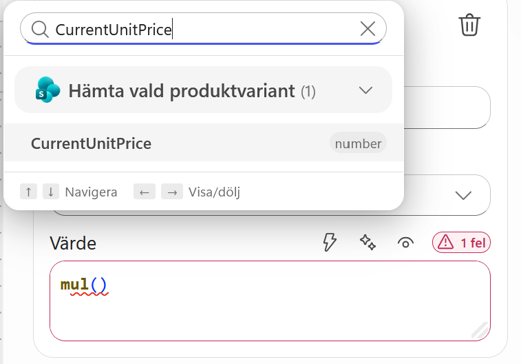 CurrentUnitPrice väljs från Hämta vald produktvariant