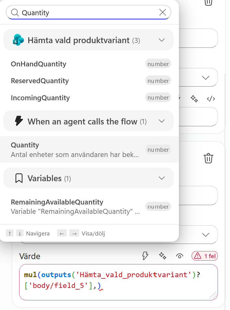 Quantity väljs som den andra parametern i mul-funktionen