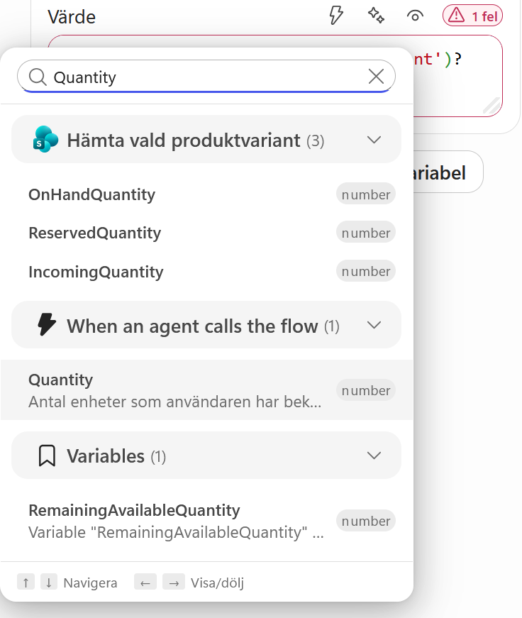Quantity väljs från flödets indata